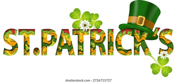 Día de San Patricio Papel cortado Feliz Día de San Patricio Papel cortado con sombrero y trébol para Anuncios de Web, folleto, póster y publicidad impresa. Ilustración vectorial aislada