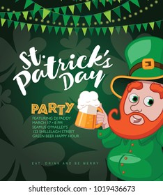 Saint Patricks Day party background with cute cartoon leprechaun holding two beers. Bunting, shamrocks and copy space. EPS10 vector illustration.