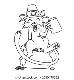 Saint Patrick's Day Party. A cat in a leprechaun hat and a clover jewelry, drinking beer is sitting on a pot of gold.