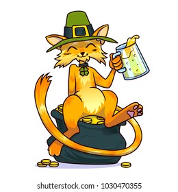 Saint Patrick's Day Party. A cat in a leprechaun hat and a clover jewelry, drinking beer is sitting on a pot of gold.