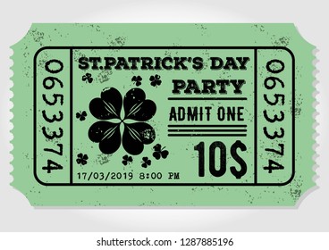 Saint Patrick's Day party celebration invitation, ticket, admit one. Vintage style vector illustration