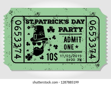 Saint Patrick's Day party celebration invitation, ticket, admit one. Vintage style vector illustration