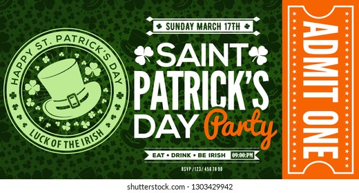 Saint Patrick's Day party celebration invitation, ticket, admit one. Vector illustration
