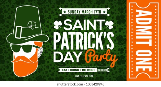 Saint Patrick's Day party celebration invitation, ticket, admit one. Vector illustration