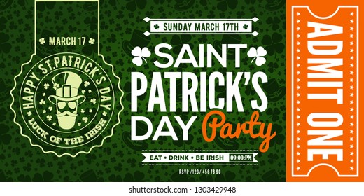 Saint Patrick's Day party celebration invitation, ticket, admit one. Vector illustration