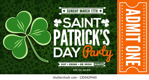 Saint Patrick's Day party celebration invitation, ticket, admit one. Vector illustration