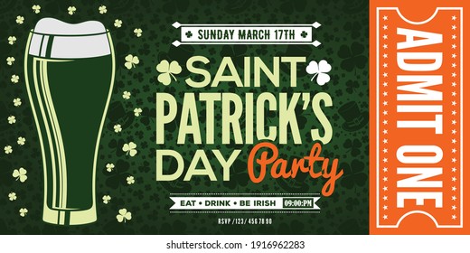 Saint Patricks Day party celebration ticket, admit one. Vintage style vector illustration