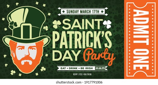 Saint Patrick's Day party celebration ticket, admit one. Vintage style vector illustration