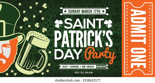 Saint Patrick's Day party celebration ticket, admit one. Vintage style vector illustration