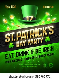 Saint Patrick's Day party celebration poster design, 17 March nightclub invitation with leprechaun hat, gold lettering, coins on bright shining green background. Eat, drink and be Irish, vector