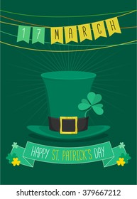 Saint Patrick's Day party with flag and green hat, vector illustration