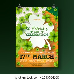 Saint Patrick's Day Party Flyer Illustration With Clover And Typography Letter On Abstract Background. Vector Irish Lucky Holiday Design For Celebration Poster, Banner Or Invitation.