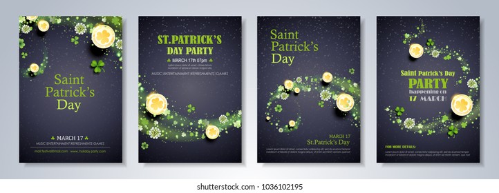 Saint Patrick's Day party flyer, brochure, holiday invitation, corporate celebration. leprechaun hat, shamrock, pot with gold coins, horseshoe, green ale on black background. Vector illustration.