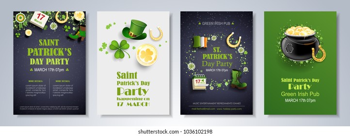 Saint Patrick's Day party flyer, brochure, holiday invitation, corporate celebration. leprechaun hat, shamrock, pot with gold coins, horseshoe, green ale on black background. Vector illustration.