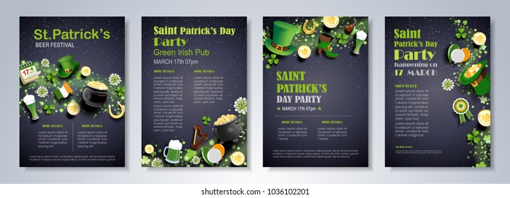 Saint Patrick's Day party flyer, brochure, holiday invitation, corporate celebration. leprechaun hat, shamrock, pot with gold coins, horseshoe, green ale on black background. Vector illustration.