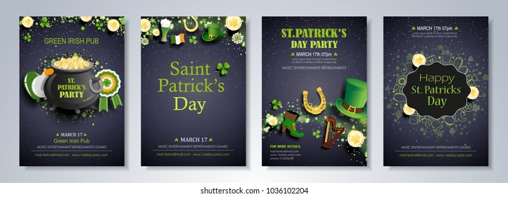 Saint Patrick's Day party flyer, brochure, holiday invitation, corporate celebration. leprechaun hat, shamrock, pot with gold coins, horseshoe, green ale on black background. Vector illustration.