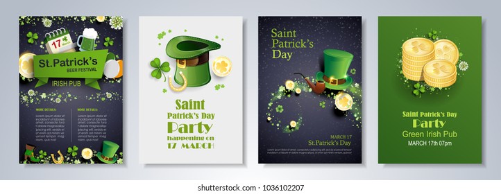 Saint Patrick's Day party flyer, brochure, holiday invitation, corporate celebration. leprechaun hat, shamrock, pot with gold coins, horseshoe, green ale on black background. Vector illustration.