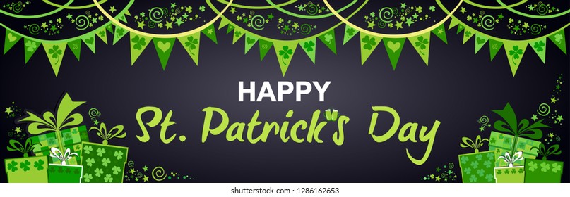 Saint Patrick's Day party flyer, brochure, holiday invitation, corporate celebration. Celebration background with shamrock, gift box, bunting garland and place for your text. Flags ornament. Vector 