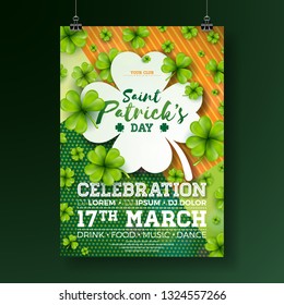 Saint Patrick's Day Party Flyer Illustration With Clover And Typography Letter On Abstract Background. Vector Irish Lucky Holiday Design For Celebration Poster, Banner Or Invitation.