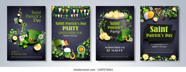 Saint Patrick's Day party flyer, brochure, holiday invitation, corporate celebration. leprechaun hat, shamrock, pot with gold coins, horseshoe, green ale on black background. Vector illustration.