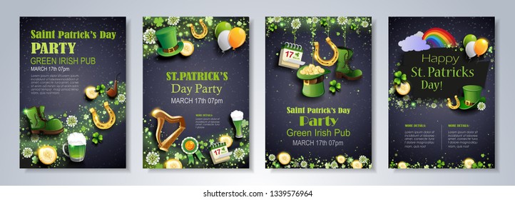 Saint Patrick's Day party flyer, brochure, holiday invitation, corporate celebration. leprechaun hat, shamrock, pot with gold coins, horseshoe, green ale on black background. Vector illustration.