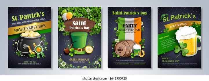 Saint Patrick's Day party flyer, brochure, holiday invitation. leprechaun hat, shamrock, pot with gold coins, horseshoe, ale on black background. Vector illustration.