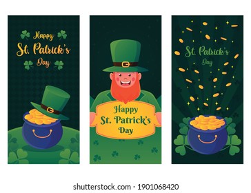 Saint Patrick's Day party flyer, brochure, holiday invitation, corporate celebration. leprechaun hat, shamrock, pot with gold coins, horseshoe, green ale on black background. Vector illustration.
