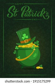 Saint Patrick's Day party flyer, brochure, holiday invitation, corporate celebration. Pot with gold coins, leprechaun hat and shamrock on dark green cloverleaf background. Vector illustration.
