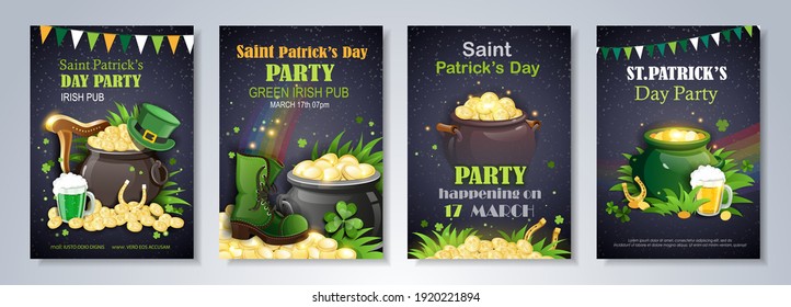 Volante de la fiesta del Día de San Patricio, folleto, invitación de vacaciones, celebración corporativa. sombrero leprechaun, shamrock, olla con monedas de oro, herradura, ale verde sobre fondo negro. Ilustración vectorial.