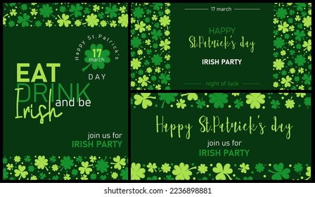 Saint Patrick's Day party flyer, brochure, holiday invitation, corporate celebration. Holiday design with lettering on a green background with clovers. Vector illustration