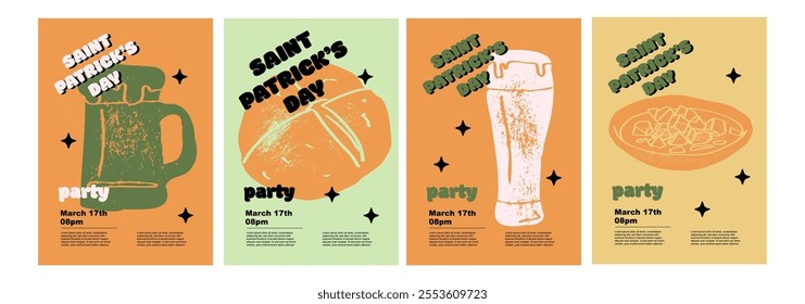 Saint Patrick's Day party flyer, irish green ale, beer, Traditional Irish Stew, soda bread. Set of vector illustrations. Flat design. Typography. Background for a poster, t-shirt or banner.