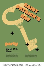 Saint Patrick's Day party flyer, gold key. Set of vector illustrations. Flat design. Typography. Background for a poster, t-shirt or banner.