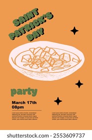 Saint Patrick's Day party flyer, Traditional Irish Stew. Set of vector illustrations. Flat design. Typography. Background for a poster, t-shirt or banner.