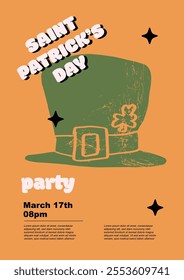 Saint Patrick's Day party flyer, leprechaun hat. Set of vector illustrations. Flat design. Typography. Background for a poster, t-shirt or banner.