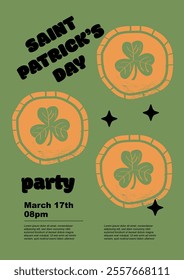 Saint Patrick's Day party flyer, clover money. Set of vector illustrations. Flat design. Typography. Background for a poster, t-shirt or banner.	