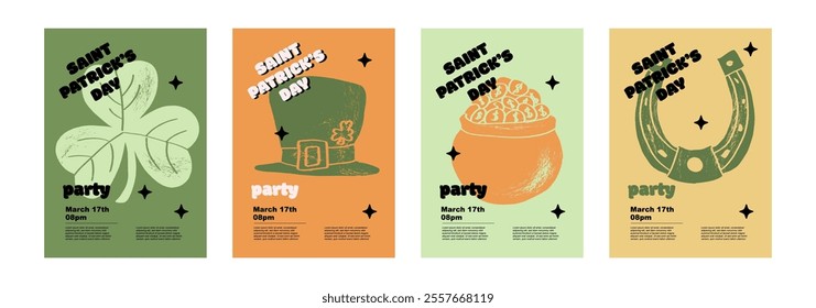 Saint Patrick's Day party flyer, leprechaun. Set of vector illustrations. Flat design. Typography. Background for a poster, t-shirt or banner.	