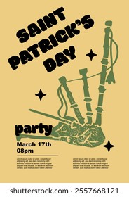 Saint Patrick's Day party flyer, bagpipe. Set of vector illustrations. Flat design. Typography. Background for a poster, t-shirt or banner.	