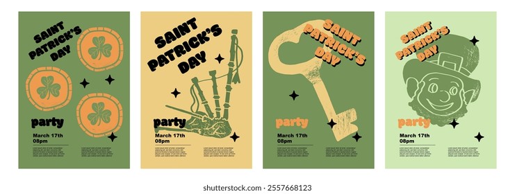 Saint Patrick's Day party flyer, leprechaun. Set of vector illustrations. Flat design. Typography. Background for a poster, t-shirt or banner.	