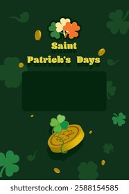 Saint Patrick's Day party flyer, brochure, holiday invitation, corporate celebration. clover leaf, gold coins, on green background. Vector illustration.