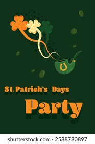 Saint Patrick's Day party flyer, brochure, holiday invitation, corporate celebration. smoking pipe, shamrock, gold coins, horseshoe, background. Vector illustration.