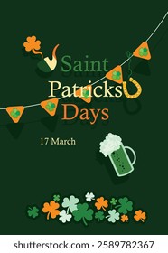 Saint Patrick's Day party flyer, brochure, holiday invitation, corporate celebration. smoking pipe, shamrock, horseshoe, background. Vector illustration.