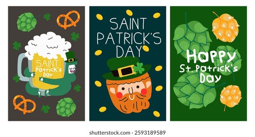 Saint Patrick's Day party flyer. Lucky holiday banner, greeting card. Leprechaun character, mug of beer, hop, pretzel. Retro cartoon posters design