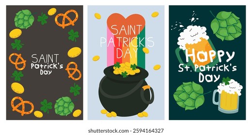 Saint Patrick's Day party flyer. Lucky holiday banner, greeting card, wall art. Vector modern illustration of beer, mug, shamrock, beer hops and salty pretzels. Flat design