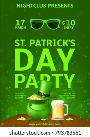 Saint Patrick's Day Party Flyer. Vector Illustration with Realistic Headbands with Shamrock, Glasses of Beer and with Pot on Wooden Texture. Invitation to nightclub.
