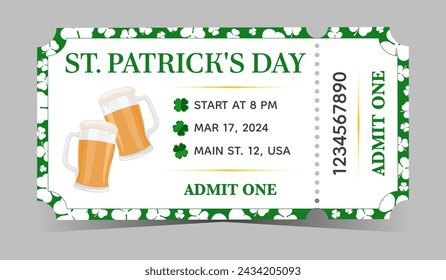 Saint Patrick's Day party green template ticket with beer set