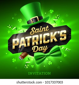 Saint Patrick's Day party invitation, Feast of Saint Patrick, 17 March celebration. Leprechaun hat, gold lettering, party streamers, green bow tie and smouldering cigar on bright shining green back..