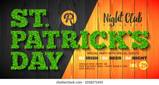 Saint Patrick's Day party invitation or flyer design template	, 17 March nightclub invitation with green glass lettering on wooden background, vector illustration