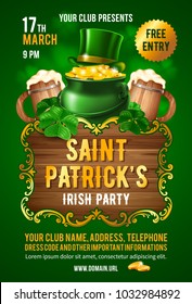 Saint Patricks Day party invitation card design template with treasure of Leprechaun, green top hat, shamrock and wooden beer mugs on green background. Vector Illustration. 