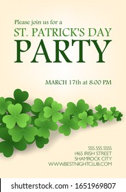 Saint Patricks Day Party invitation layout with irish shamrocks leaves on white

