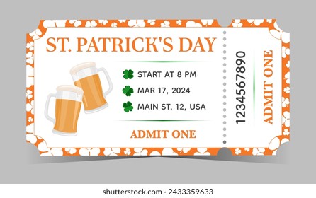 Saint Patrick's Day party orange template ticket with beer set